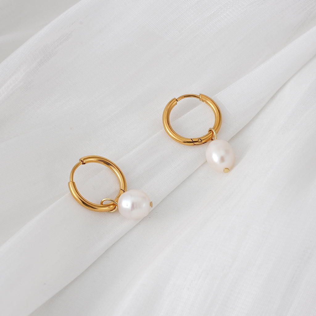 Gold Pearl Drop Huggie Earrings