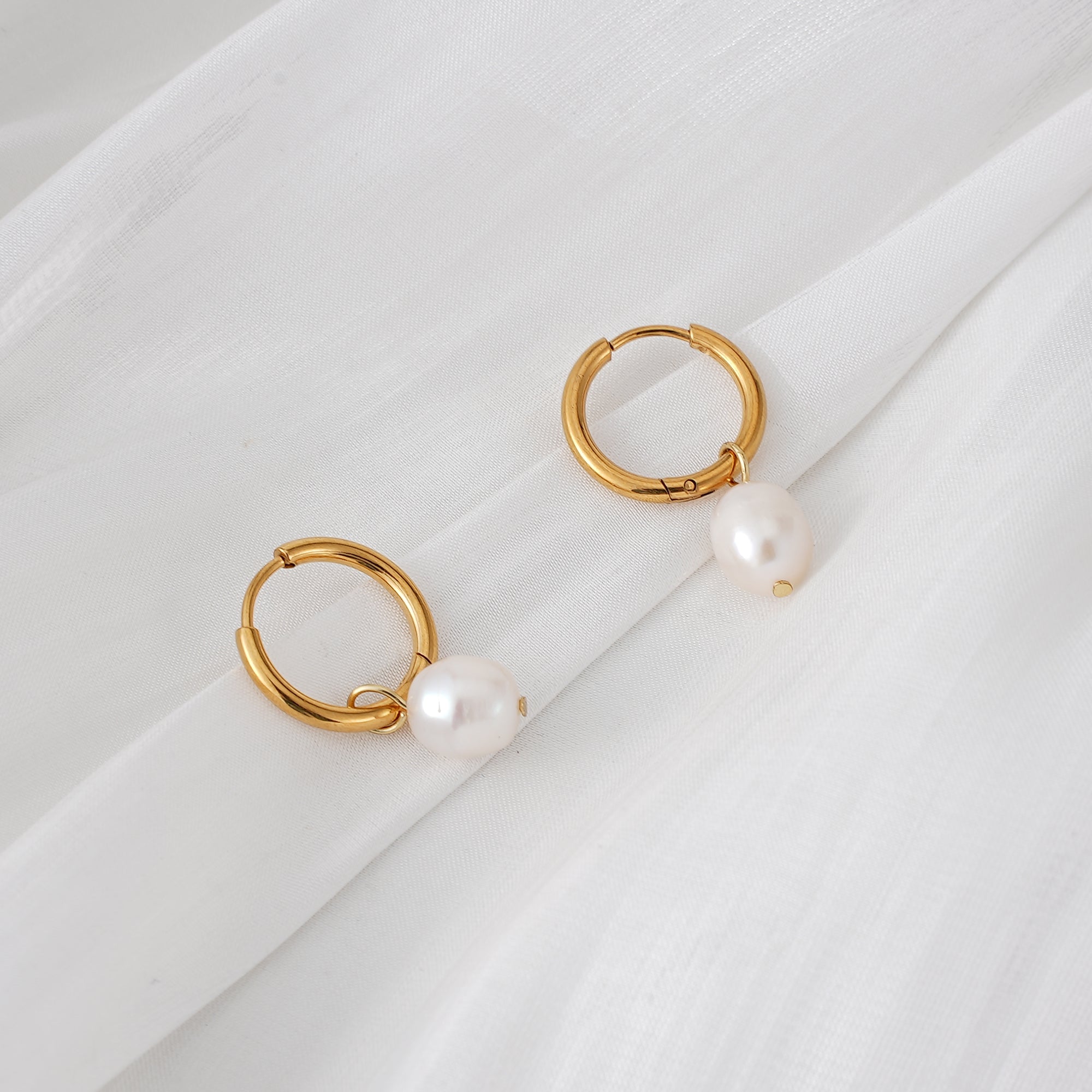 Gold Pearl Drop Huggie Earrings