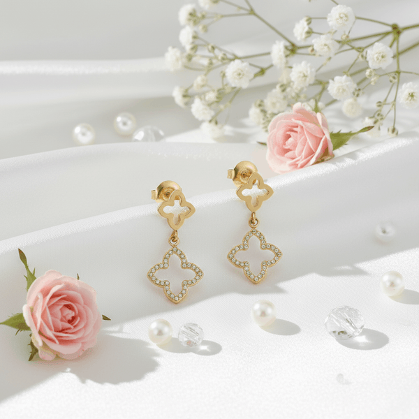 Gold Clover Crystal Drop Earrings