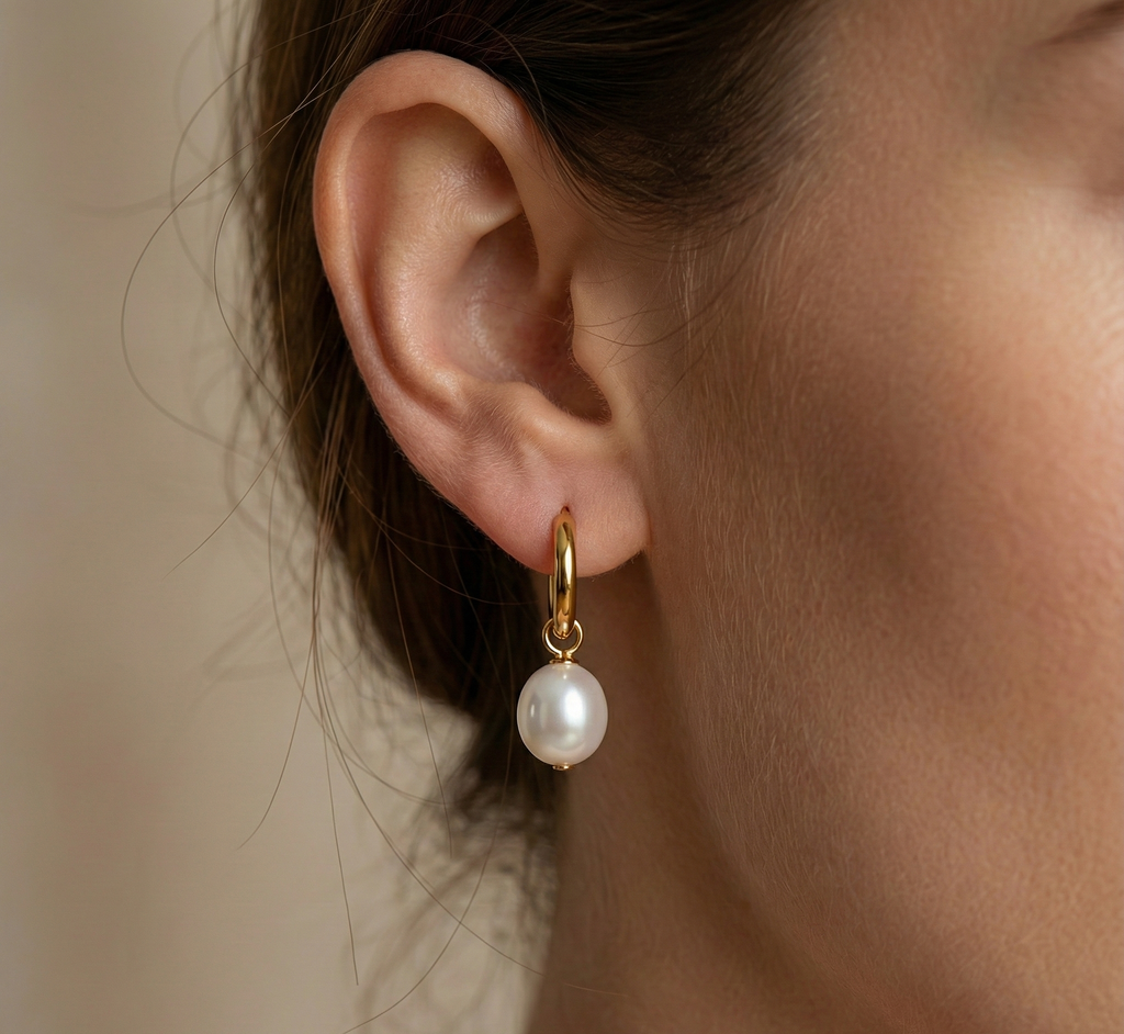 Gold Pearl Drop Huggie Earrings