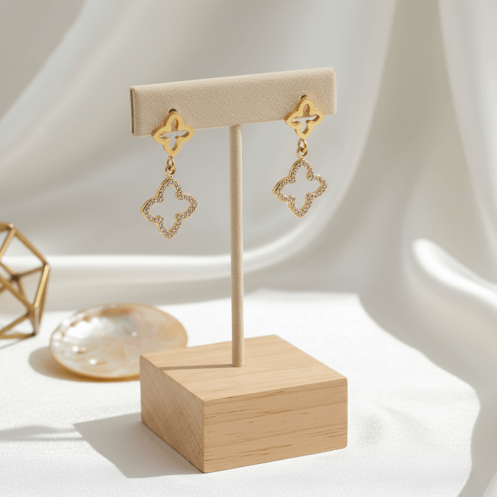 Gold Clover Crystal Drop Earrings